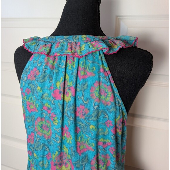 Sundance Size M Teal Floral Ruffle Tiered Midi Dress Cotton Boho Hippie Chic - Picture 8 of 12